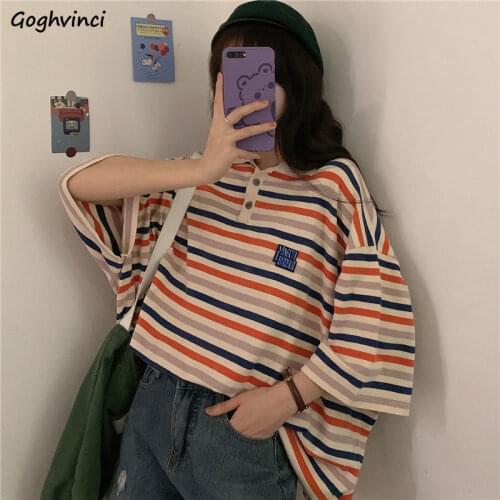 Short Sleeve T-shirts Women Summer Striped Turn-down Collar Chic Vintage Fashion Streetwear Loose Oversize Ins New Stylish Retro
