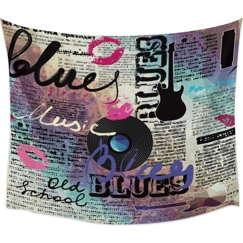 Guitar Disc Black Lips English Word Retro Music Newspaper Tapestry Cover Beach Towel Picnic Yoga Mat Home Decoration