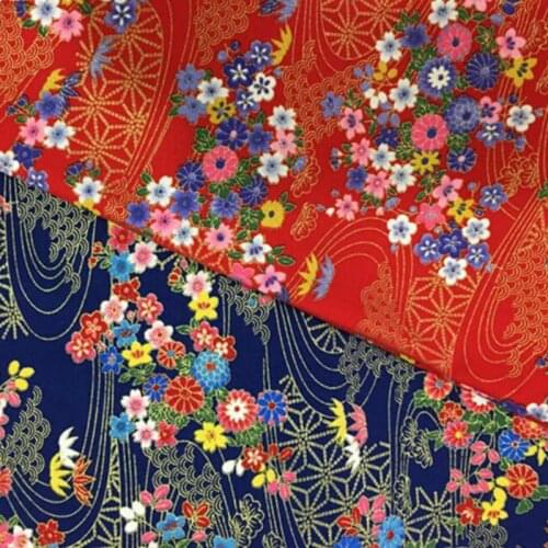 Cotton Fabric Bronzing Japanese Style DIY Pillow Bag Fabric Gilded Strips Floral Print Qualified for Cloth 1M/lot