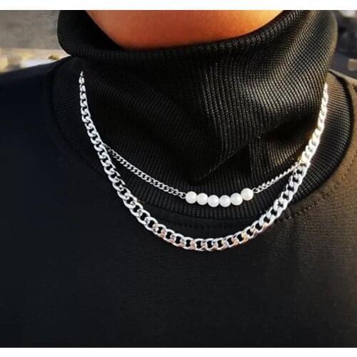 Imitation Pearl Stitching Double Chains Necklace for Women Clavicle Chain Silver Color Fashion Jewelry Silver Color Punk Style
