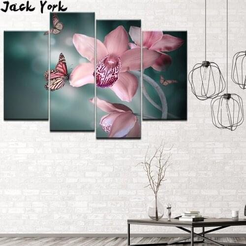 Canvas Painting pink flowers and Butterfly 4 Pieces Wall Art Painting Modular Wallpapers Poster Print for living room Home Decor
