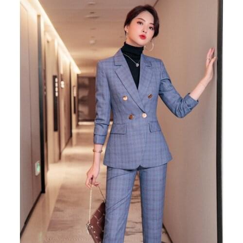 IZICFLY New Style Autumn Winter Blue Plaid Career Professional Pantsuit Ladies Office Business Blazer Set With Trouser Work Wear
