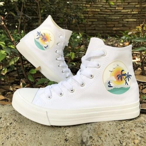 Wen Original Design Beach Surfing Palm Coconut Tree Summer Time White Men Athletic Sneakers High Top Black Women Canvas Shoes