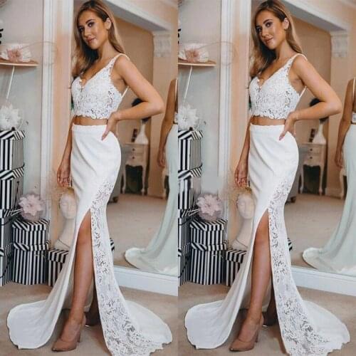 Stylish Lace Mermaid Evening Dresses V-Neck Two Pieces High Side Split Sweep Train Sexy Special Occasion Dress Cheap Formal Part