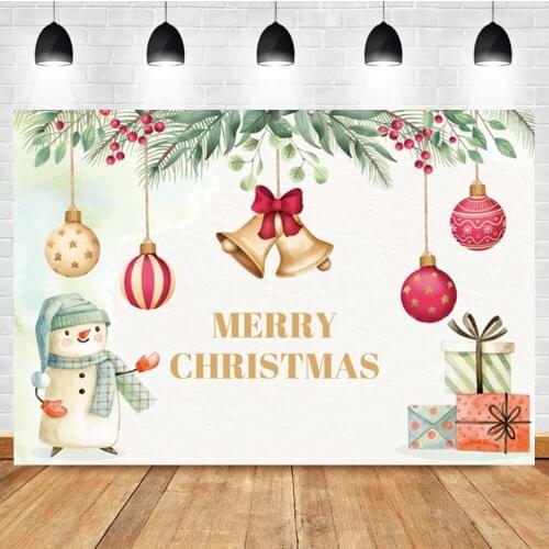 Laeacco Merry Christmas Cartoon Snowman Bell Gift Newborn Birthday Photo Background Photographic Backdrop For Photo Studio