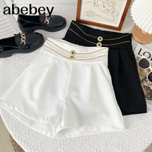 Fashion versatile solid color Shorts diamonds buttons high waist pleated casual wide leg Suit Shorts 2021 New Summer