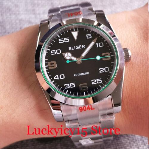 BLIGER Green Second Hand 36mm/39mm Automatic Men Watch NH35A Movement Polish Bezel Oyster Brushed Band Flat Sapphire