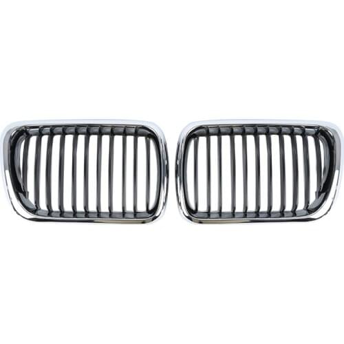 2PCS Silver Frame Black Front Kidney Grills Grille Cover Trim For BMW E36 3-series (318i 320i 323i 325i) / m3 4 Door 1997-1999