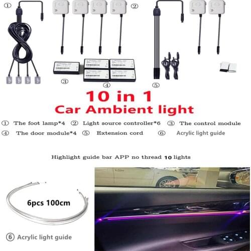 10 in 1 3W RGB LED Atmosphere Car Light Interior Decoration Acrylic Fiber Strip Light App Control Decorative Ambient Lamps