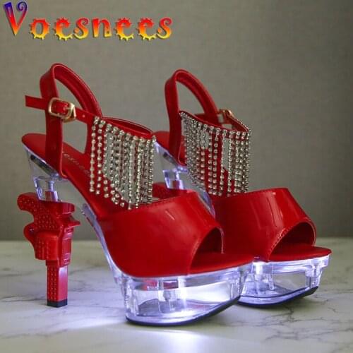 Voesnees Glowing Womens Shoes 2021 New Patent Leather Rhinestone Summer Female Sandals Pistol Heel 14cm High Heels Wedding Shoes