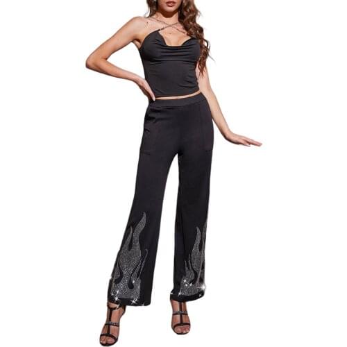 Women Wide-leg Pants with Pockets Polyester Casual Black Elastic High Waist Trousers with Rhinestone Design