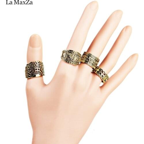 La MaxZa Retro Openwork Carved Ring Bohemian Ring Set Vintage punk Black-goldBlack-silver Rings For Women 4 Pcs/Set Jewelry Gift