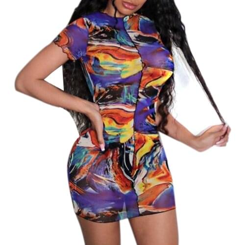 Female Dress Adults Starry Sky Print Round Neck Short Sleeve Package Hip for Summer S/M/L