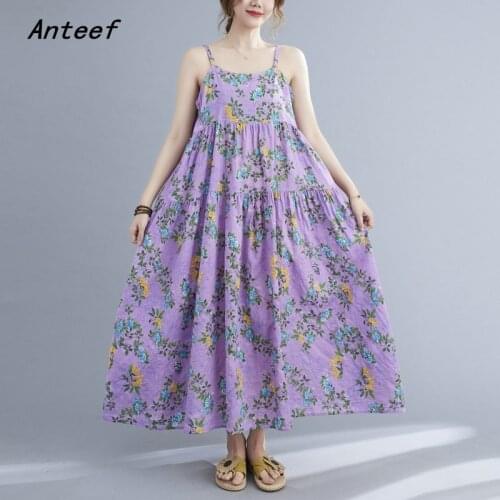 Anteef sleeveless strap cotton vintage floral dresses for women casual loose long woman summer dress elegant clothes 2021