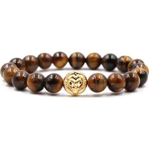2019 Exquisite Multicolour Natural Tiger Eye Beads Bracelet Bangle Charm Gold Lion Head Accessories Jewelry for Women Men