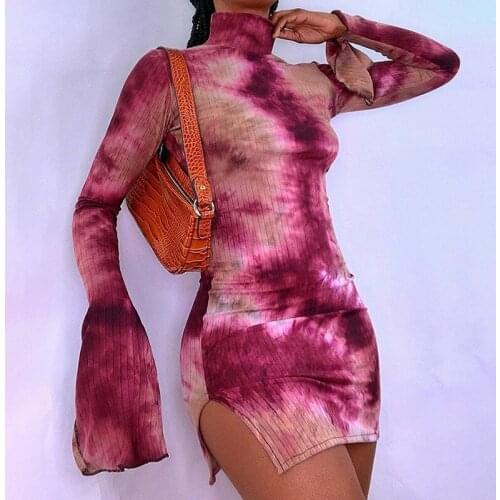 Adogirl Sexy Bodycon Party Dress Women Tie Dye Print Turtleneck Flare Sleeve Slit Mini Dresses Fashion Streetwear Outfits