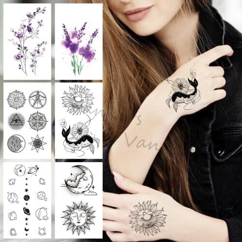Black Daisy Whale Temporary Tattoos For Women Girls Realistic Planet Sun Watercolor Lavender Fake Tattoo Sticker Arm Body Tatoos