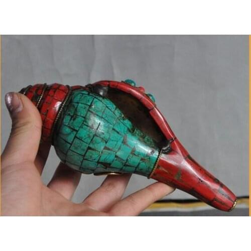 Decorative Handmade Nepal Tibetan Silve Old 6" Rare Old tibet buddhism bronze Inlay turquoise Coral Conch Shell Trumpet Horn