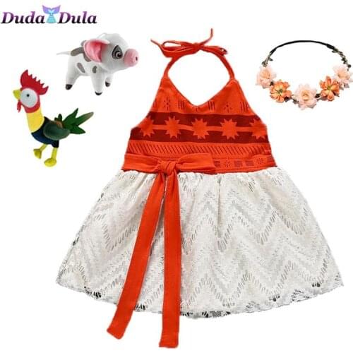 Kids Girls Clothes Cosplay Princess Dress Moana Children Vaiana Girls Party Costume Dresses with Necklace Pet Pig Chick Girl Set
