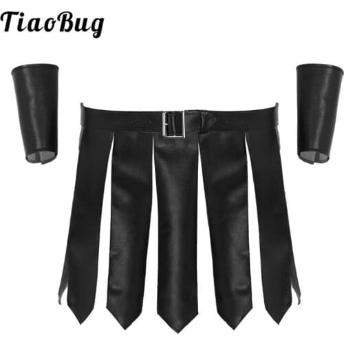 Men Black PU Leather Roman Gladiator Costume Theme Party Role Play Kilt Underwear Skirt with Belt and Wristbands Accessories Set