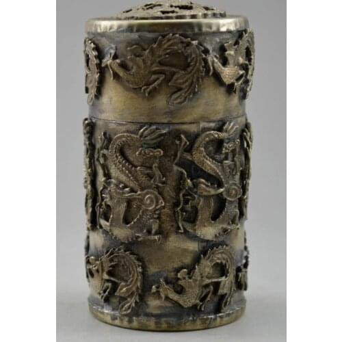 NICE CHINESE OLD CHINESE OLD HAND TIBET-SILVER DRAGON TOOTHPICK BOX A332 Garden Decoration Brass Bronze