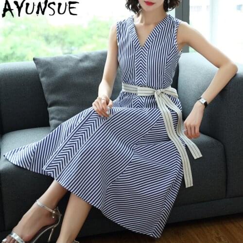 AYUNSUE Summer Cotton Striped Dress Women Elegant Midi Dress Sleeveless V Neck Vintage Ladies Dresses Party Vestido Casual 61056