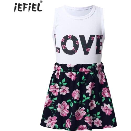 Summer Kids Girls Outfit Set Fashion Casual Sleeveless O-Neck LOVE Printed Tanks Tops Floral Printed Chiffon Mini Skirt Set