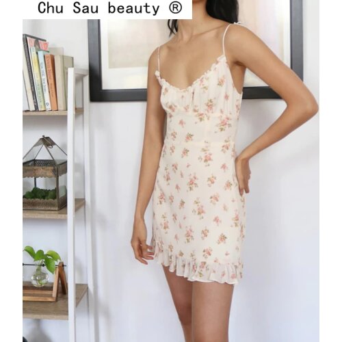 New Fashion Summer Holiday Style Ruffles V-neck Sexy Mini Dress Women Casual Chic Vintage Floral Print Sling Dresses Female