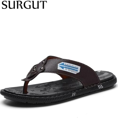 SURGUT Fashion Men Summer Sandals Designer Flip Flops For Men Outdoor Genuine Leather Comfortable Slippers Non-slip Casual Shoes