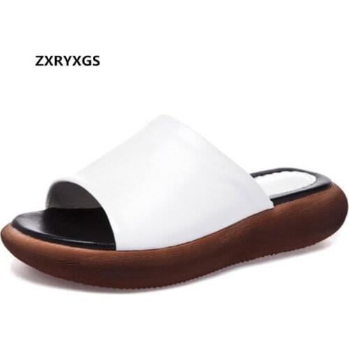 2021 Newest Soft Comhide Summer Leather Sandals Ladies Slippers Casual Shoes Platform Simple Open Shoes Woman Sandals Slippers