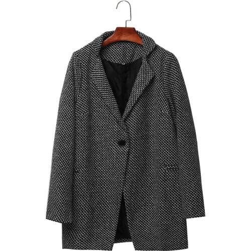 Autumn Winter Suit Women Coat Houndstooth Wool Blend Coat Single Button Pocket Oversize Long Trench Outerwear Female Wool Coat