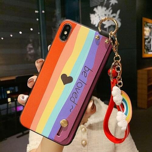Rainbow Wrist Strap Case For iPhone 12 11 Pro MAX SE 2020 7 8 Plus X XR XS Soft TPU Back Cover Kickstand Coque With Charm