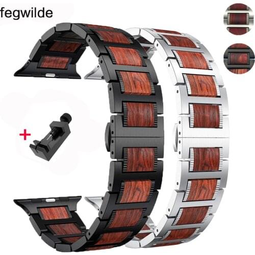 Strap For Apple watch band 44mm 40mm iWatch series 6 5 4 band 42mm 38 mm Natural Red Sandalwood+Stainless steel correa bracelet