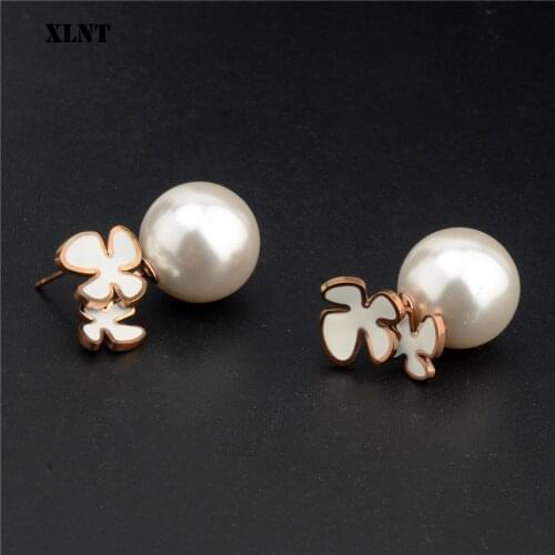 XLNT New Fashion Simulated Pearls Pendientes Bijoux Flowers Stud Earrings For Women Wedding Stainless Steel Jewelry Brincos