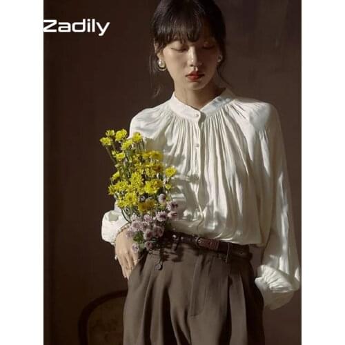 Zadily Chic Vintage Long Sleeve Button Up Blouse Office Ladies Solid Folds Work White Satin Shirts 2021 Autumn Female Clothing