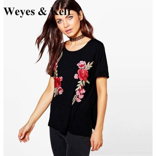 Weyes & Kelf Floral Embroidery Short Sleeve Female T-shirt 2020 Casual Side Slit Sold Black Top Tee Female