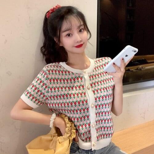 Women Sweaters Button Red Flowers Cardigan Short Sleeve Sweater Knitted Loose Oversized Jumper Casual Top