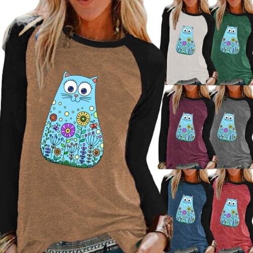 Women Fashion Cartoon Animal Printing Graphic Autumn and Winter Long Sleeve Round Neck Pullover Loose Shirt Casual T-shirt