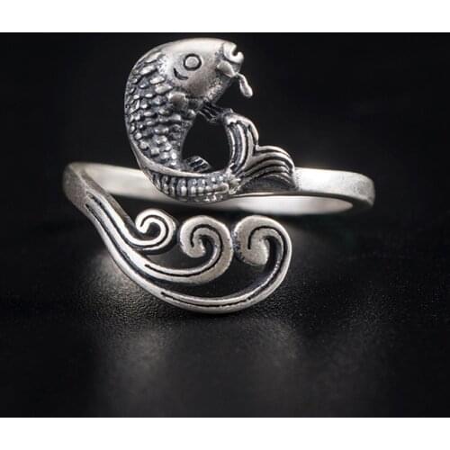 S925 Sterling Silver Vintage koi ring female ethnic style fish ring court Carp Fish Opening Rings Women Elegant Animal Phoenix