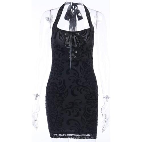 Goth Sexy 2021 Black Dresses Women Halter Mini Female Short Dress Party Gothic Vintage Dress Bandage Sleeveless Backless