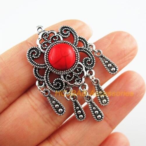 4 New Flower Charms Tibetan Silver Red Teardrop Tassels Pendants Retro 27.5x45mm