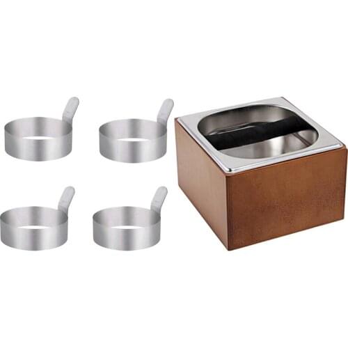 4 Pcs Egg Frying Rings Stainless Steel Omelette Model With Handle S & 1 Pcs Wood Coffee Grounds Container Box