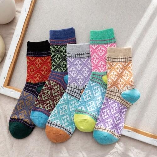5 pairs/set Vintage Colorful Short Socks for Women Men Stripes Grids Geometric Wool Winter Spring Autumn Thick Warm Ethnic Socks