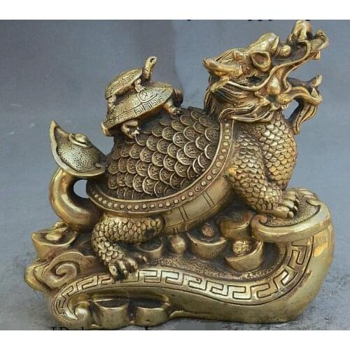 8" China Fengshui Brass Wealth Coin Dragon Turtle Carry Tortoise On Ruyi Statue