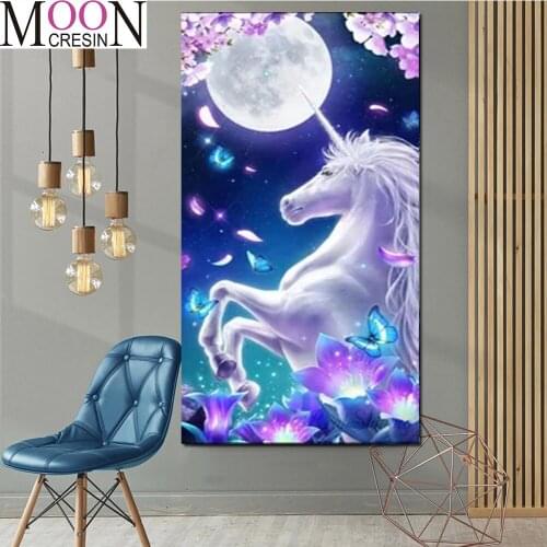 Large Size Moon Unicorn Diy Diamond Painting Chinese Flowers Complete Square / Round Diamond Embroidery Cross Stitch Rhinestones