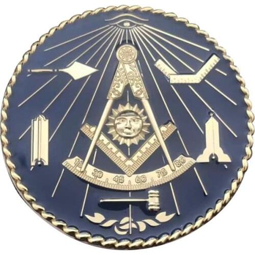 Masonic Car Emblem 3" Gold Plated Blue Past Master Mini Tools Masons Auto Truck Motorcycle Decal With Red Adhesive