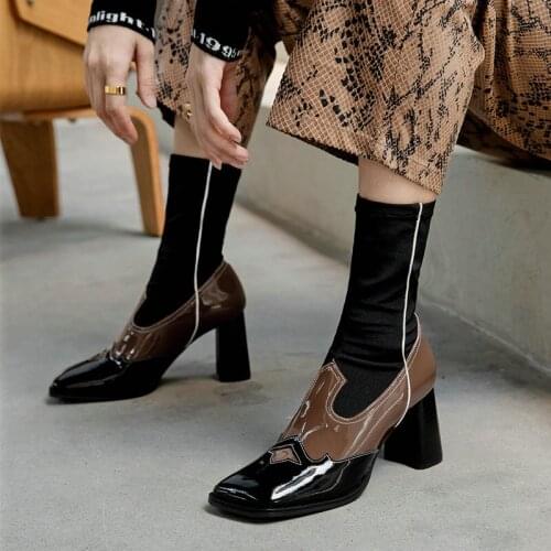 Boots Women Genuine Leather Knitting Ankle Boots Winter New High Heels Party Night Club Shoes Woman Chelsea Boots