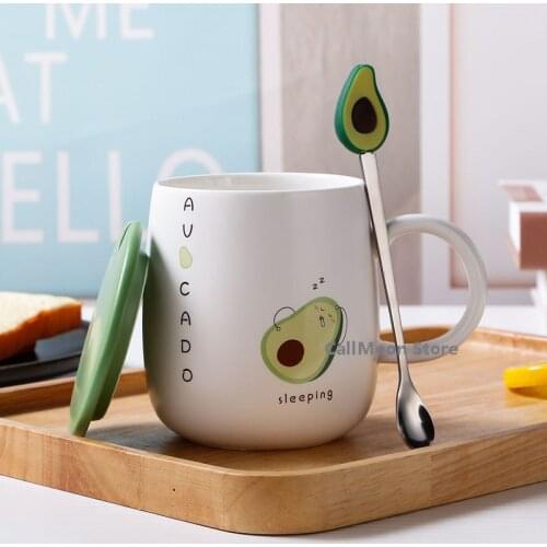Water Cup with Lid Spoon 420ml Japanese Style Cute Avocado Ceramic Cup Cartoon Cup Couple Mug Custom Coffee Cup Milk Juice Cup
