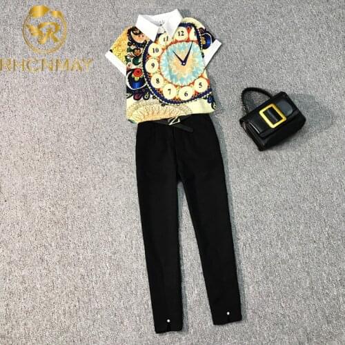 New Sweet Women 2 Piece Pant Sets Summer White Chiffon Shirts + Calf Length High Pant Sets With Belt Trousers Work Business Set