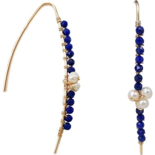 Lii Ji Gemstone Natural Lapis Lazuli 2mm Faceted Beads,Nearround Pearl 925 Sterling Silver Gold Color Long Earrings
